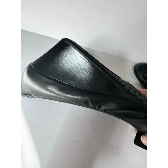 Cole Haan Tali Grand Bow Wedge Pumps Women's 9 Black Leather Sandals Shoes Heels