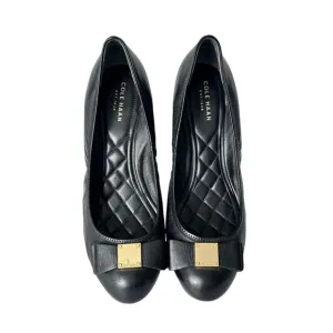 Cole Haan Tali Grand Bow Wedge Pumps Women's 9 Black Leather Sandals Shoes Heels