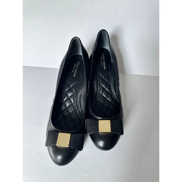Cole Haan Tali Grand Bow Wedge Pumps Women's 9 Black Leather Sandals Shoes Heels