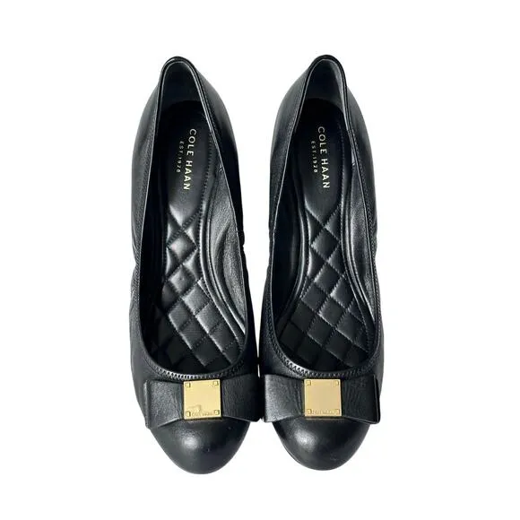 Cole Haan Tali Grand Bow Wedge Pumps Women's 9 Black Leather Sandals Shoes Heels