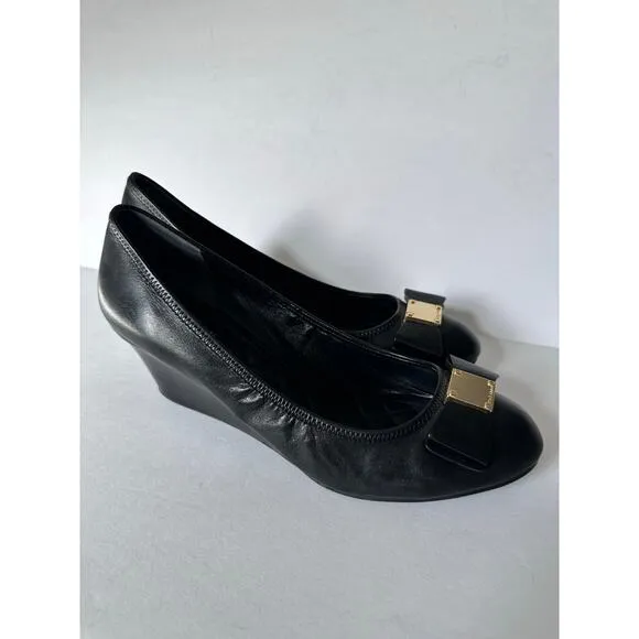 Cole Haan Tali Grand Bow Wedge Pumps Women's 9 Black Leather Sandals Shoes Heels