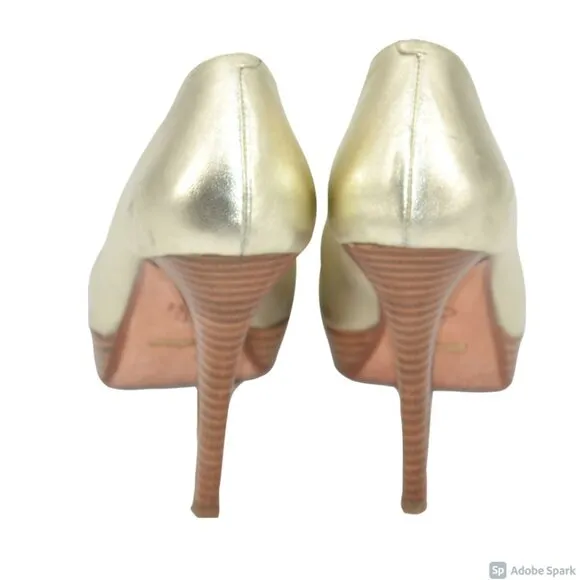 Cole Haan Yellow Gold Lamé Foil Leather Party Open Peep Toe Platform Heels 8.5