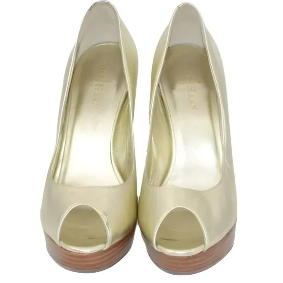 Cole Haan Yellow Gold Lamé Foil Leather Party Open Peep Toe Platform Heels 8.5