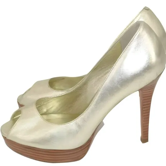 Cole Haan Yellow Gold Lamé Foil Leather Party Open Peep Toe Platform Heels 8.5