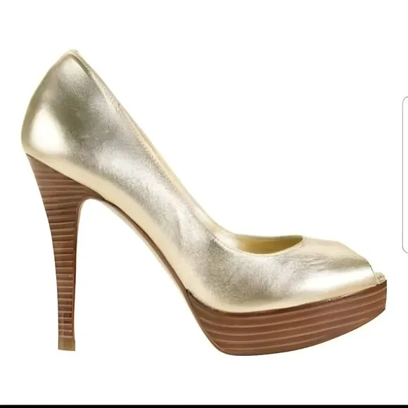 Cole Haan Yellow Gold Lamé Foil Leather Party Open Peep Toe Platform Heels 8.5