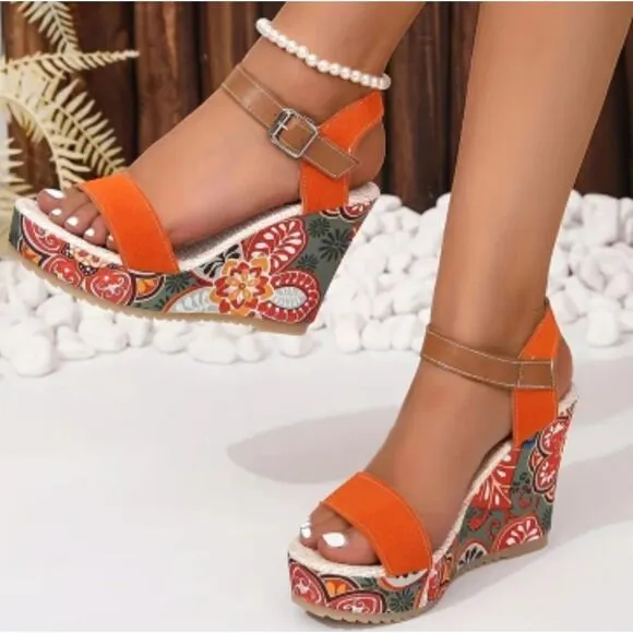 Colorful color block wedge sandals sz 10