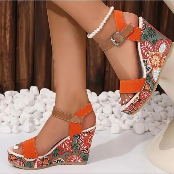 Colorful color block wedge sandals sz 10
