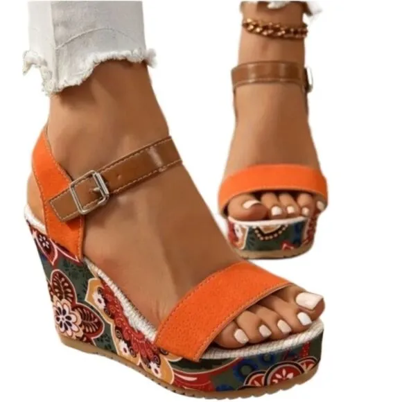 Colorful color block wedge sandals sz 10
