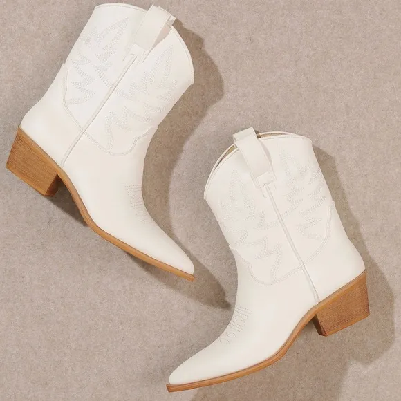 COPY - MIIM Claire White Vegan Leather Festival Embroidered Low Cowboy Boot
