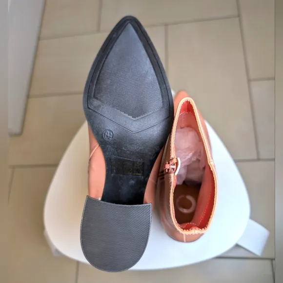 Coral Pink Block Heel Zipper Pointed Toe Ankle Boots 8.5