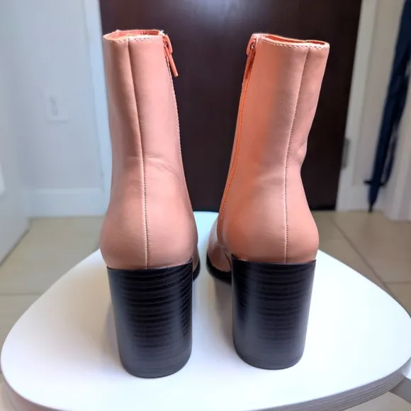 Coral Pink Block Heel Zipper Pointed Toe Ankle Boots 8.5