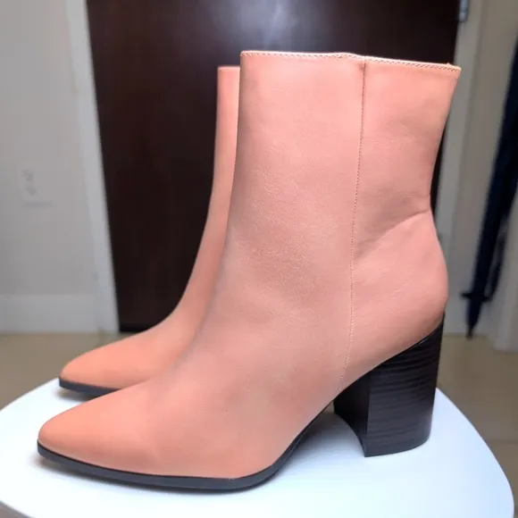 Coral Pink Block Heel Zipper Pointed Toe Ankle Boots 8.5
