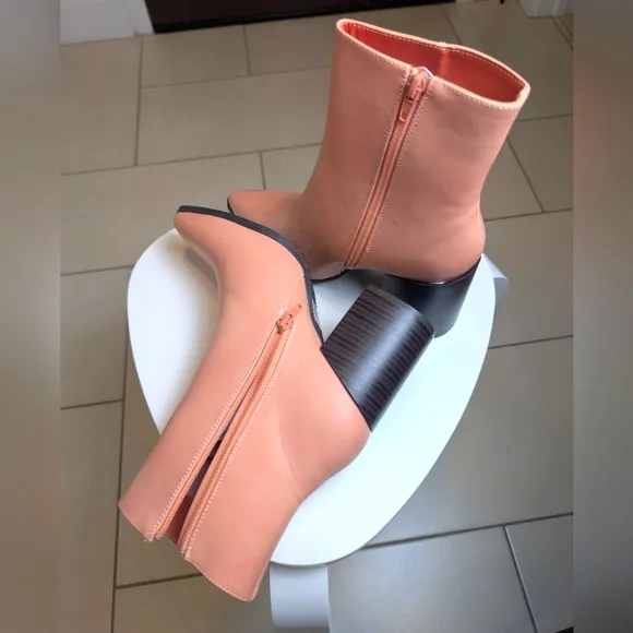 Coral Pink Block Heel Zipper Pointed Toe Ankle Boots 8.5