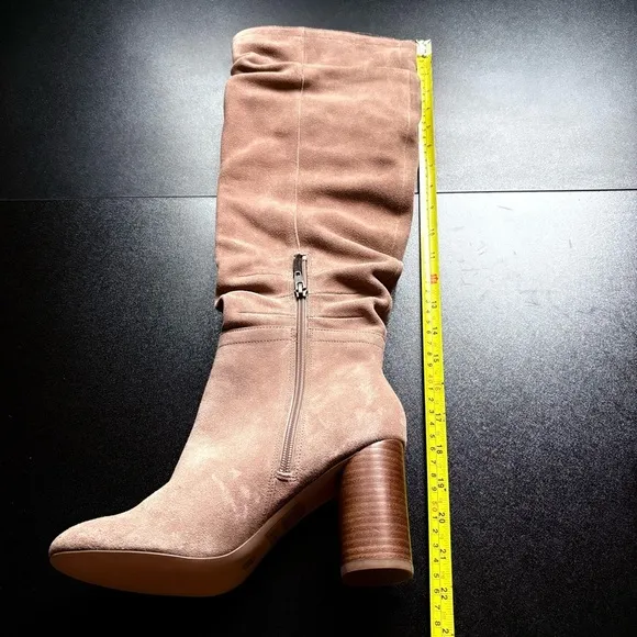 Cow suede Elegant Tan Knee-High Boots block heel taupe 8.5 new neutral minimal