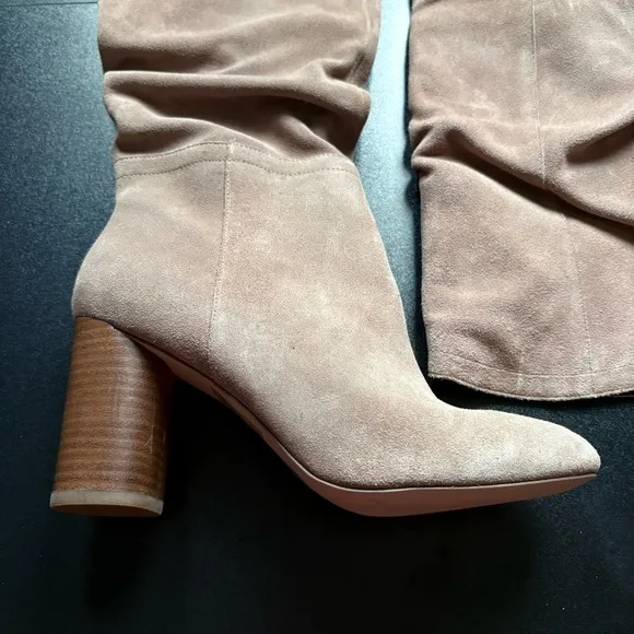 Cow suede Elegant Tan Knee-High Boots block heel taupe 8.5 new neutral minimal