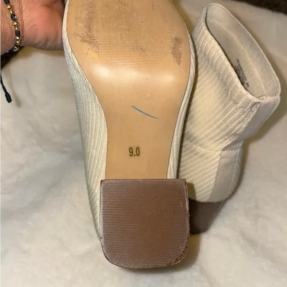 Cream and Brown Heeled Boots with Chunky Block Heel
