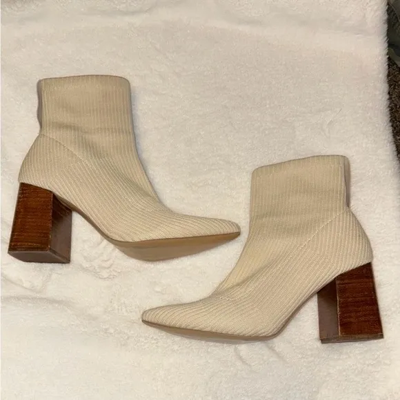 Cream and Brown Heeled Boots with Chunky Block Heel