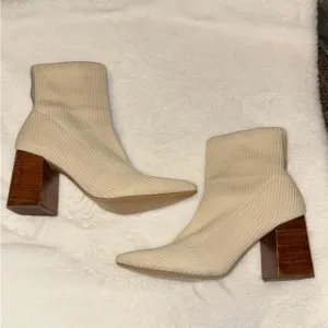Cream and Brown Heeled Boots with Chunky Block Heel