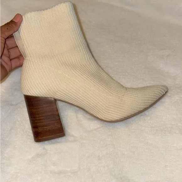 Cream and Brown Heeled Boots with Chunky Block Heel