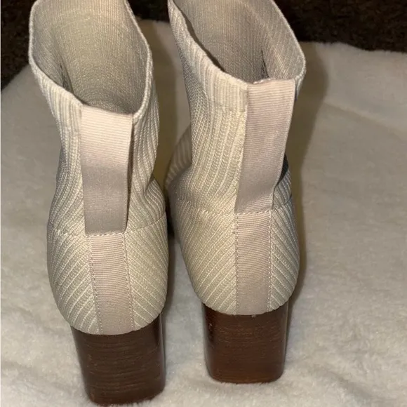 Cream and Brown Heeled Boots with Chunky Block Heel