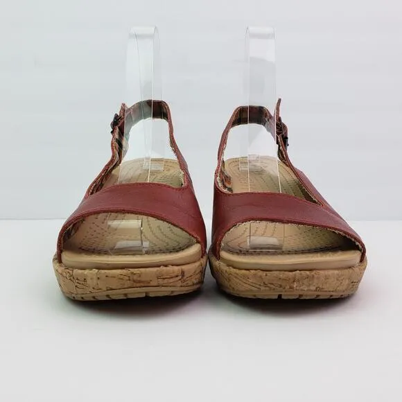 Crocs A-Leigh Womens Size 8 Red Leather Cork Wedge Heel Sandals 11848
