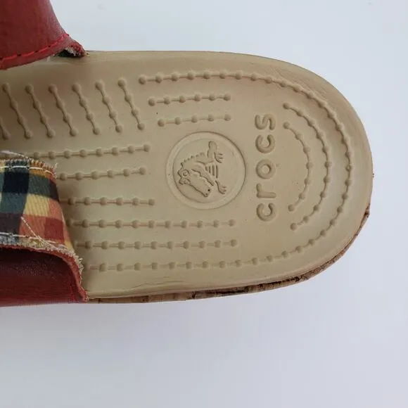 Crocs A-Leigh Womens Size 8 Red Leather Cork Wedge Heel Sandals 11848