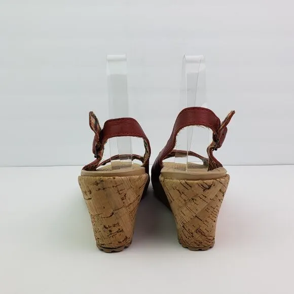 Crocs A-Leigh Womens Size 8 Red Leather Cork Wedge Heel Sandals 11848