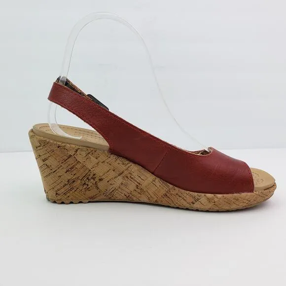 Crocs A-Leigh Womens Size 8 Red Leather Cork Wedge Heel Sandals 11848