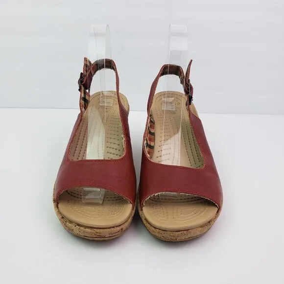 Crocs A-Leigh Womens Size 8 Red Leather Cork Wedge Heel Sandals 11848