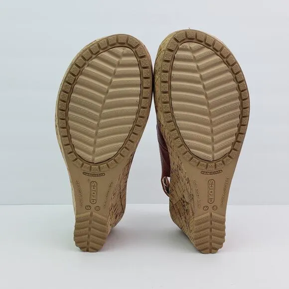 Crocs A-Leigh Womens Size 8 Red Leather Cork Wedge Heel Sandals 11848