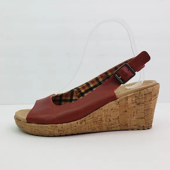 Crocs A-Leigh Womens Size 8 Red Leather Cork Wedge Heel Sandals 11848