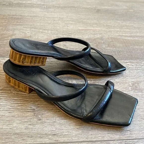 Cult Gaia Liz Black Leather Slide Sandals w Bamboo Inspired Block Heel Size 41