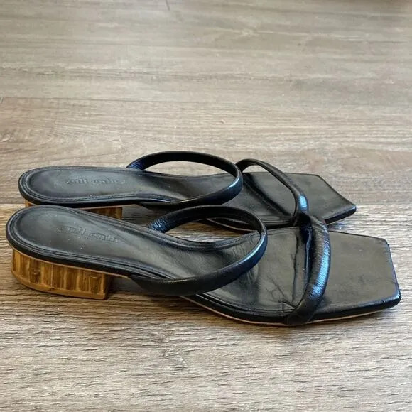 Cult Gaia Liz Black Leather Slide Sandals w Bamboo Inspired Block Heel Size 41