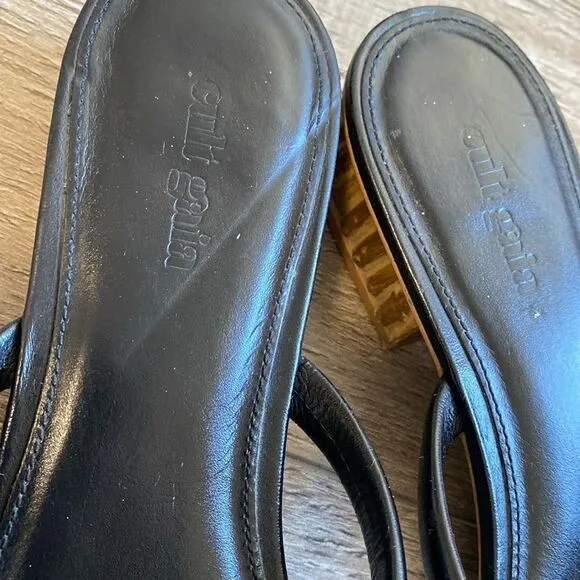 Cult Gaia Liz Black Leather Slide Sandals w Bamboo Inspired Block Heel Size 41