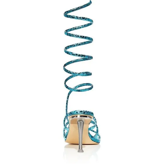 Cult Gaia Womens Kacey Blue Leather Ankle Wrap Strappy Heels Shoes New