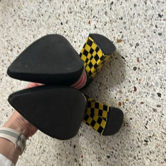 Current Mood black heel boots yellow check 7 dolls kill dice