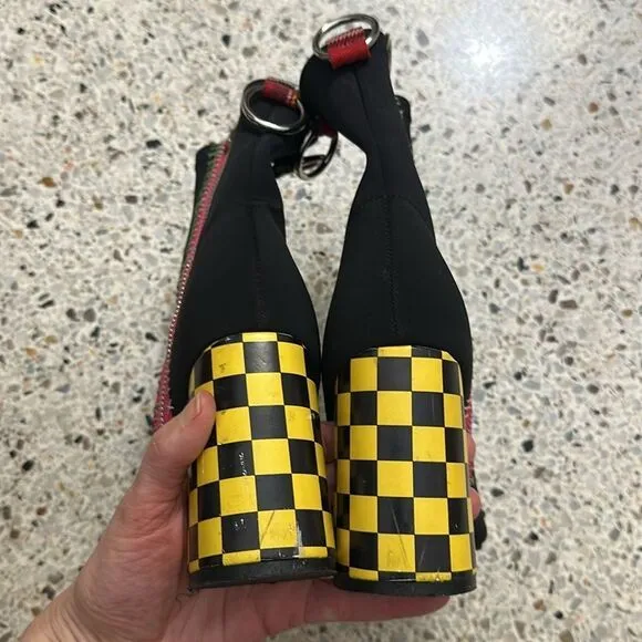 Current Mood black heel boots yellow check 7 dolls kill dice