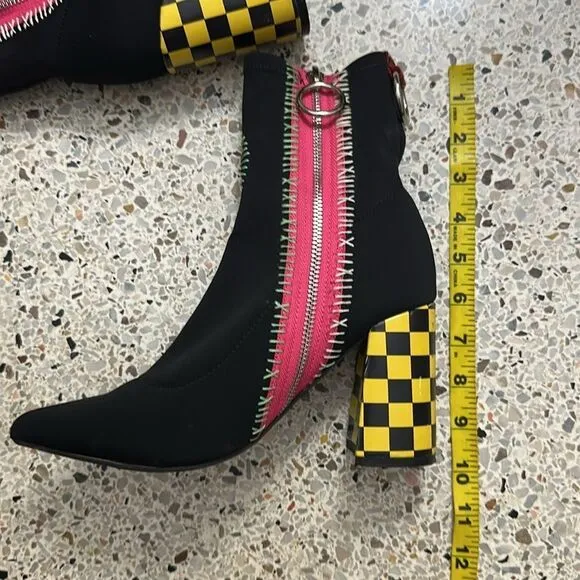Current Mood black heel boots yellow check 7 dolls kill dice