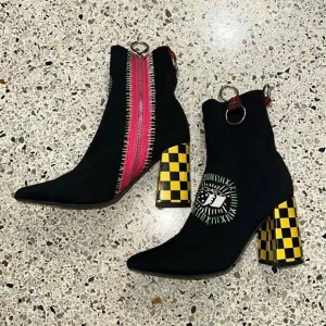 Current Mood black heel boots yellow check 7 dolls kill dice