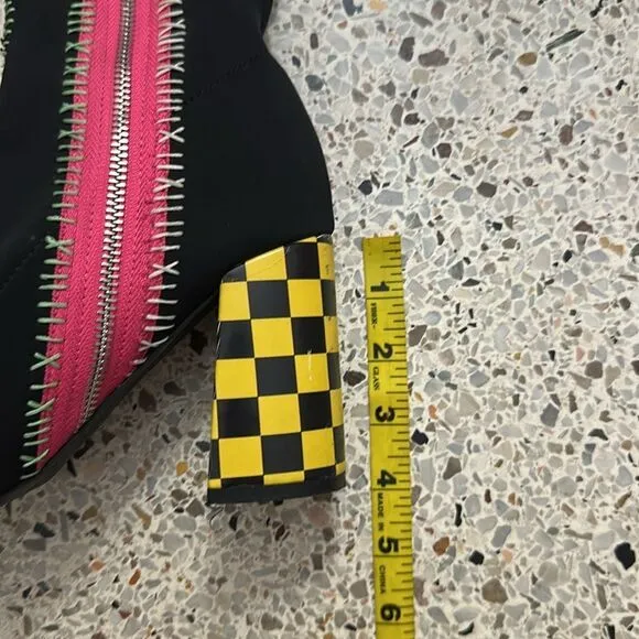Current Mood black heel boots yellow check 7 dolls kill dice
