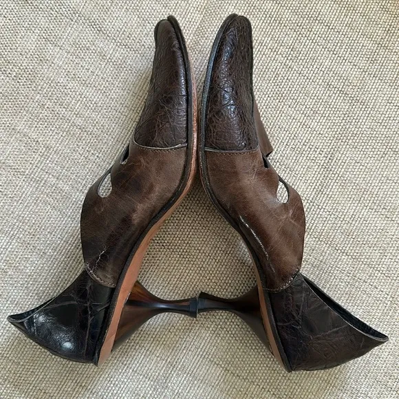 CYDWOQ Vintage Kitten Heels Handmade Leather Cut Out Textured Size  37 US 7