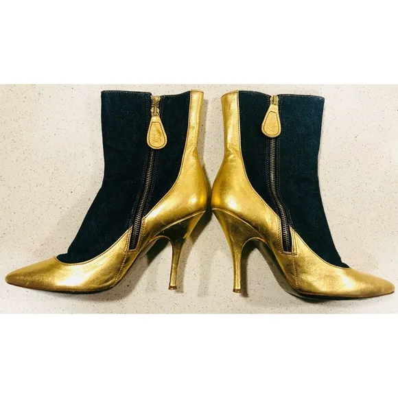 D&amp;G Gold Leather Point Blue Denim Ankle Boots 38 8