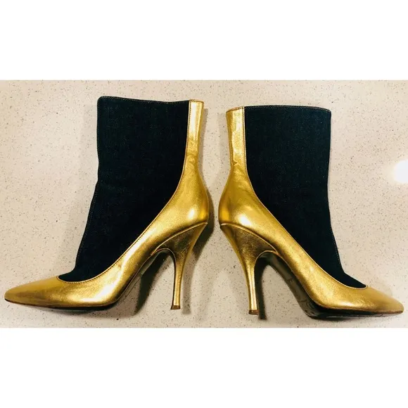 D&amp;G Gold Leather Point Blue Denim Ankle Boots 38 8