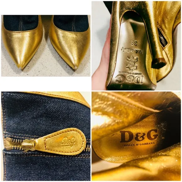 D&amp;G Gold Leather Point Blue Denim Ankle Boots 38 8