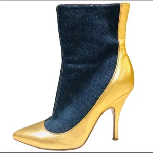 D&amp;G Gold Leather Point Blue Denim Ankle Boots 38 8