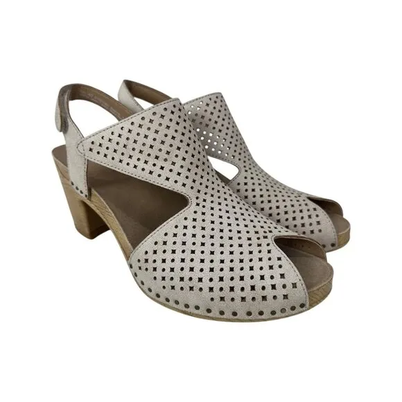 Dansko Beige Leather Perforated Slingback Sandals Wood-Look Block Heel SZ 36