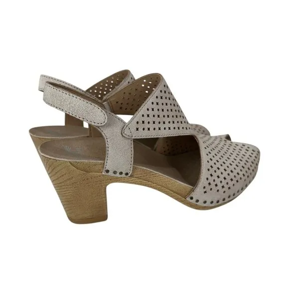 Dansko Beige Leather Perforated Slingback Sandals Wood-Look Block Heel SZ 36