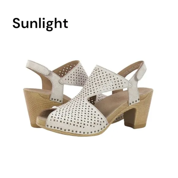 Dansko Beige Leather Perforated Slingback Sandals Wood-Look Block Heel SZ 36
