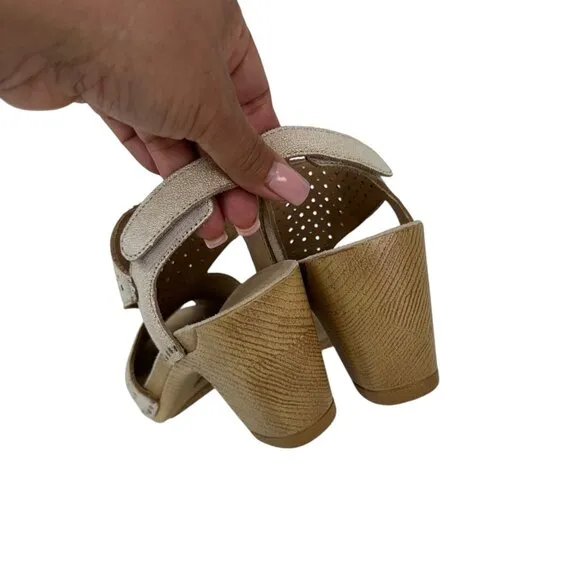 Dansko Beige Leather Perforated Slingback Sandals Wood-Look Block Heel SZ 36