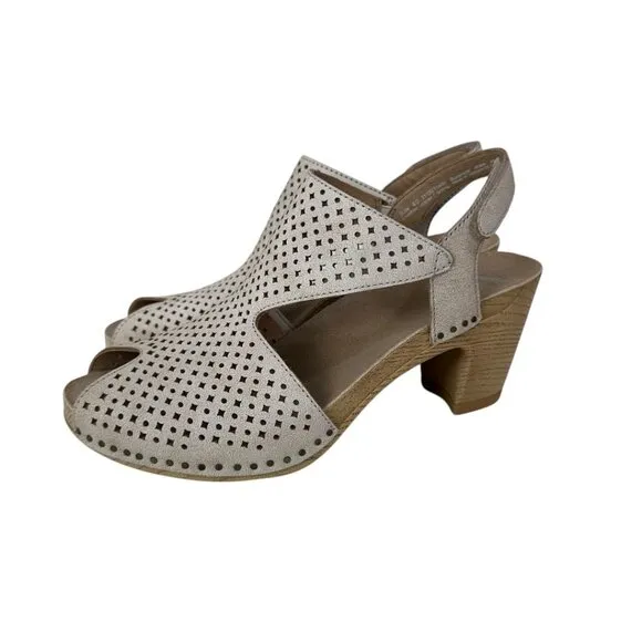 Dansko Beige Leather Perforated Slingback Sandals Wood-Look Block Heel SZ 36